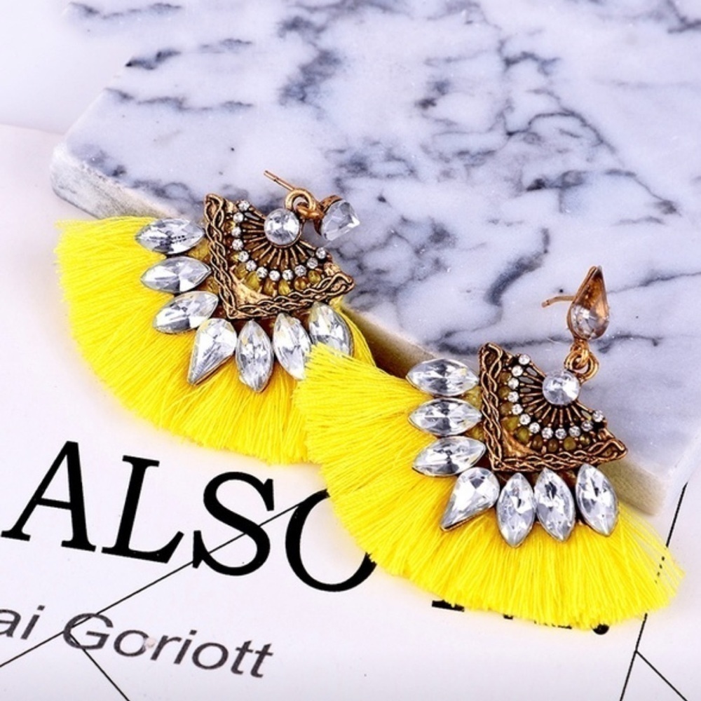 NEW Boho Yellow Tassel Drop Earrings - Picture 3 of 3
